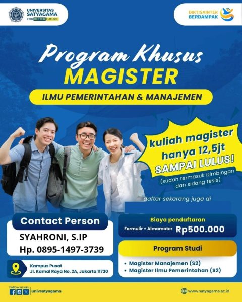 PENERIMAAN CALON MAHASISWA PROGRAM SUBSIDI BEASISWA 50% PASCASARJANA S2 HANYA Rp.12.500.000 ( SAMPAI LULUS) HANYA DI UNIVERSITAS SATYAGAMA JAKARTA